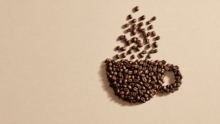 Coffee cup made of coffee beans on a beige backgroundの写真素材