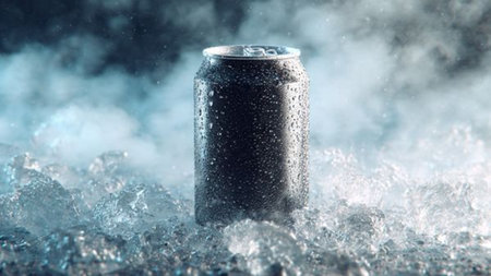 Aluminum soda can with ice on blue background. 3d illustrationの写真素材