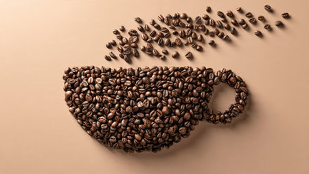 Cup of coffee with beans on beige background, top view