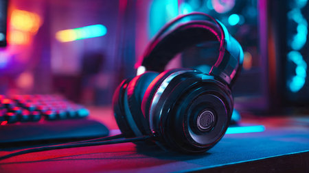 Black headphones on a table in a nightclub. Close-up.の写真素材