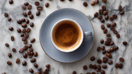 Coffee cup and coffee beansle background, top view