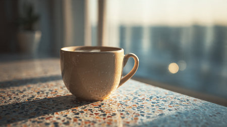 Coffee cup on the table in the morning with sunlight.の写真素材