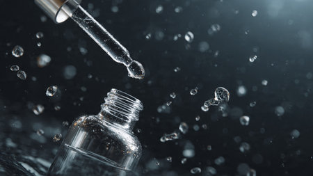 Cosmetic pipette with dropper on black background with water dropsの写真素材