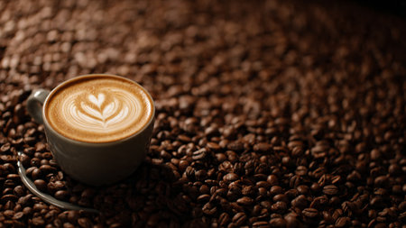 Coffee cup with latte art on coffee beans background.