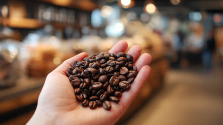 Female hand holding coffee beans on the background of a coffee shop.の写真素材