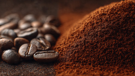 Coffee beans and ground powder on dark background, closeupの写真素材