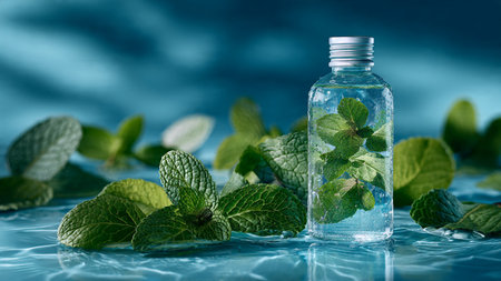 Mint leaves in a glass bottle on a blue background. Mint leaves in water.の写真素材