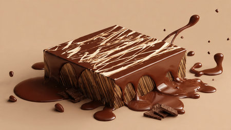 chocolate cake with melted chocolate on a brown background. 3d renderingの写真素材
