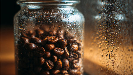 Coffee beans in a glass jar on a wooden table.の写真素材