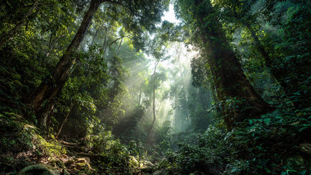 tropical rain forest in the morning with sunbeams and lens flare