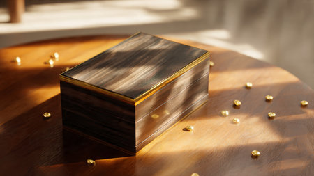 Wooden box with golden beads on table in sunlight, closeup