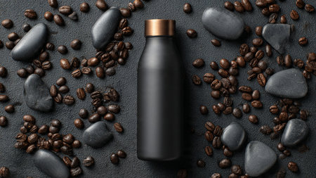 Blank black cosmetic bottle mockup with coffee beans on dark background.の写真素材