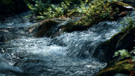 Mountain stream flowing through the forest. Beautiful nature scene. Selective focus.