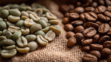 Coffee beans on sackcloth background. Selective focus.
