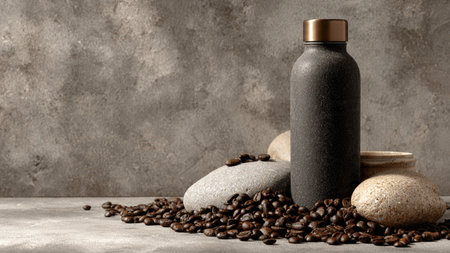 Spa still life with coffee beans, stones and shampoo bottle on grey backgroundの写真素材