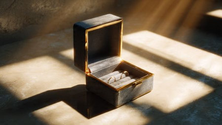 Wedding rings in a box on a marble background with sunlight