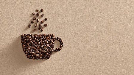 Coffee cup with coffee beans on a beige background.