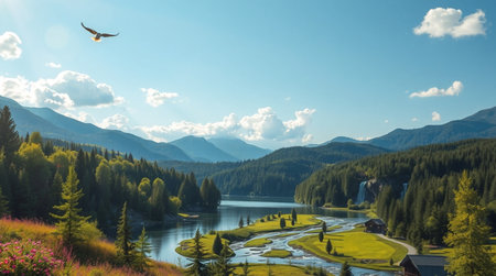 Beautiful mountain landscape with a lake and a bird in the sky