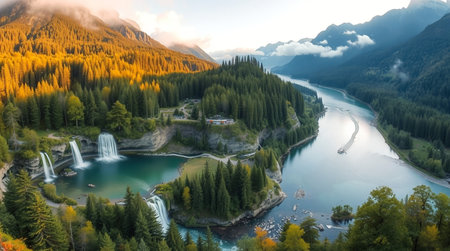 Beautiful panoramic aerial view of the mountain lake with a waterfall.