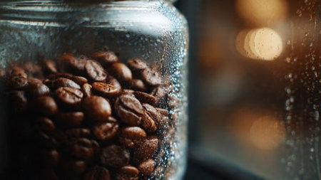 Coffee beans in a glass jar on the background of a rainy window.の写真素材