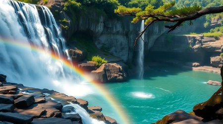 Rainbow over the waterfall in the forest. Beautiful natural landscape.の写真素材