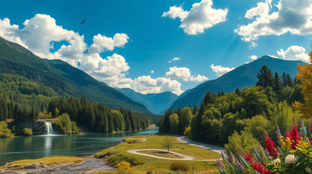Beautiful autumn landscape with mountains and river. Panoramic view.