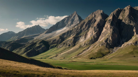 Panoramic view of the mountains and meadows in the summerの写真素材