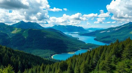 Panoramic view of the lake in the mountains. Summer landscape.