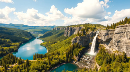 Aerial view of a beautiful waterfall in the Altai Mountains.