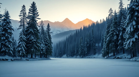 Mountain lake in the winter forest at sunset. Winter landscape.