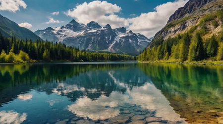 Panoramic view of the lake with reflection of mountains and clouds