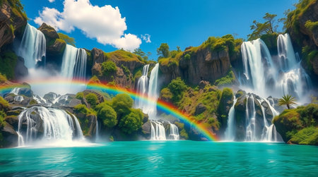 Panoramic view of the waterfall and the rainbow on the waterの写真素材