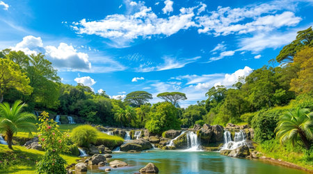 Tropical rainforest landscape with waterfall, trees and blue skyの写真素材