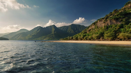 Panoramic view of the sea, mountains and the beach.
