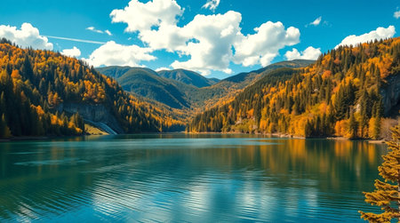 Panoramic view of beautiful alpine lake with yellow autumn forest on the shore and blue sky with...