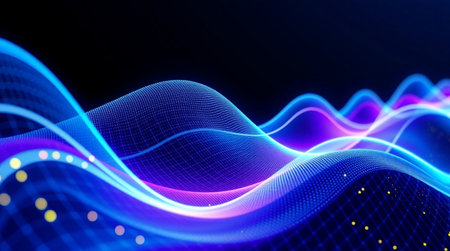3d render, abstract technology background with glowing particles, wave flow, digital data...