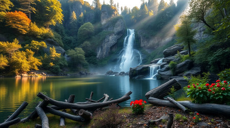Beautiful waterfall in the forest at sunset. Waterfall in the forest.