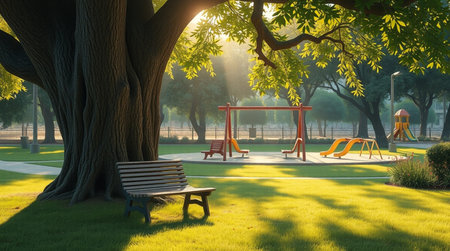Empty bench under the big tree in the park. 3d render