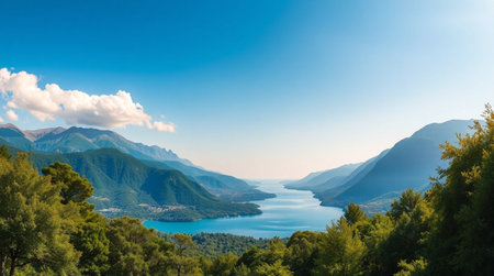 Panoramic view of Lake Garda, Lombardy, Italyの写真素材