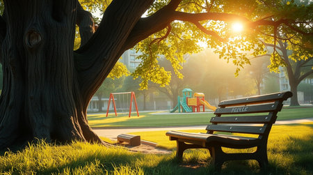 Wooden bench and swing in the park at sunset. 3d renderingの写真素材