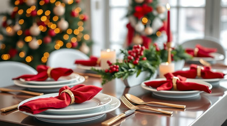 Festive table setting for Christmas dinner in living room, closeup
