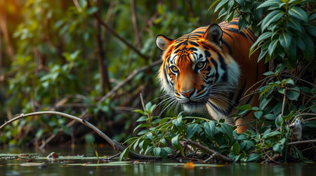 Tiger in the jungle. Tiger in natural habitat. Wildlife scene from nature.