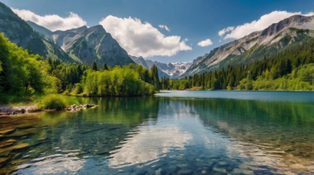 Panoramic view of the mountain lake with reflections in the waterの写真素材