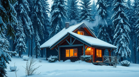 Winter cottage in the forest. Wooden house in the winter forest.の写真素材