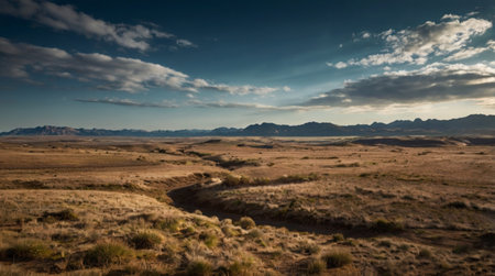 Landscape of a desert under a blue sky with white clouds.の写真素材