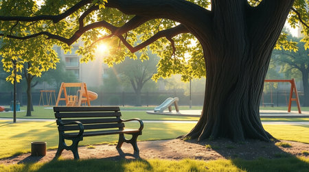 Empty park bench under a big tree in the morning. 3d renderingの写真素材