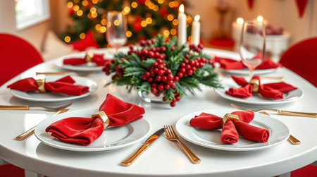 Beautiful table setting for Christmas dinner in living room, closeup