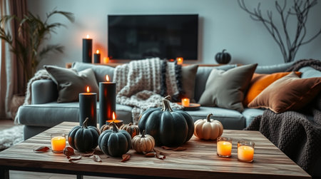 Cozy living room with burning candles and pumpkins on wooden tableの写真素材