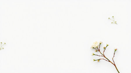 White flowers on white background. Flat lay, top view, copy spaceの写真素材
