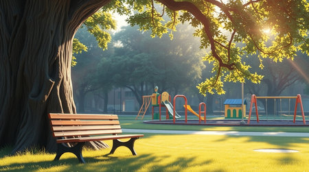 3d render of a park bench with a swing in the background